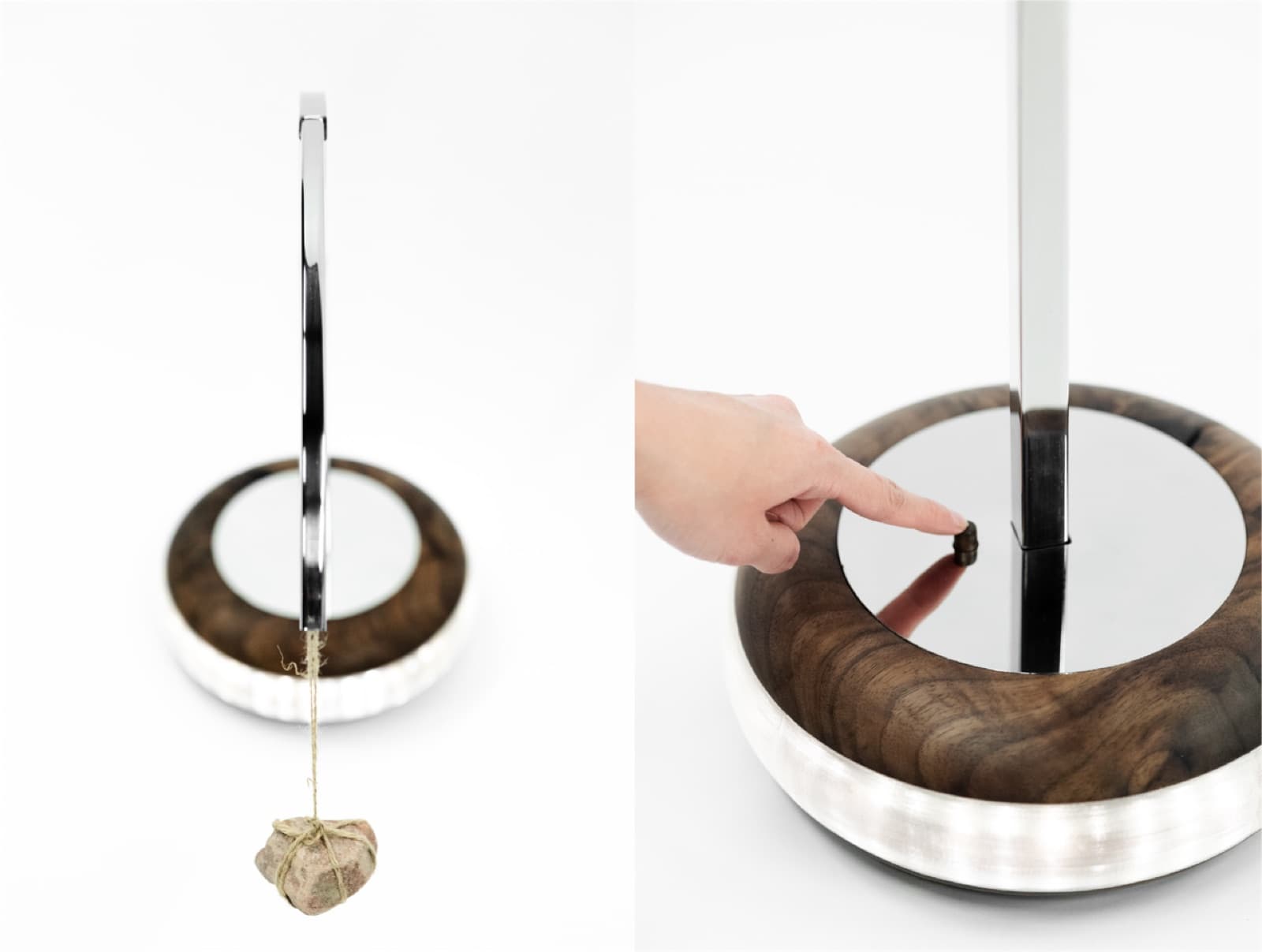 Detail shots of the lamp's wood and mirrored-steel base, including a hand pressing its touch dimmer
