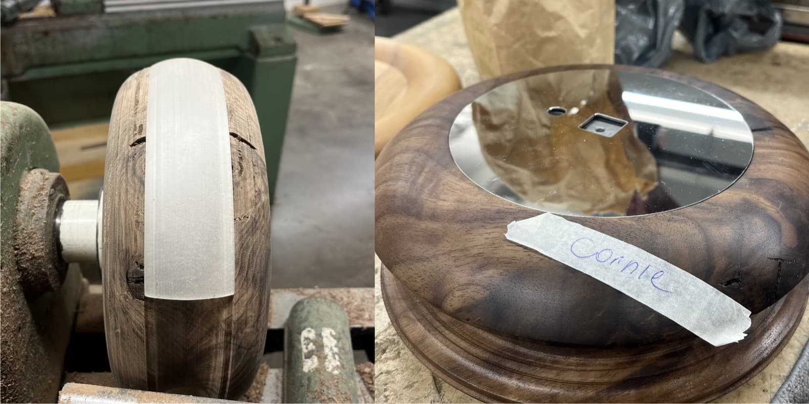 The lamp's turned wooden base being shaped on a lathe in the workshop