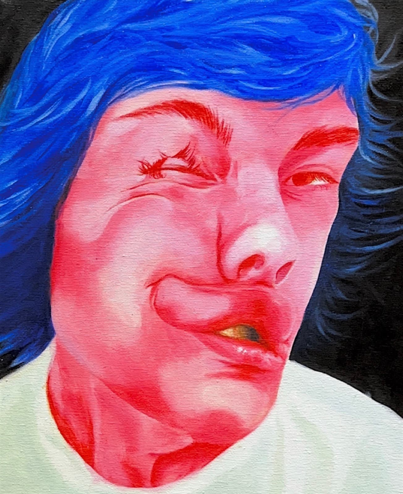 Oil painting close-up portrait with blue hair and a sun-flushed red face