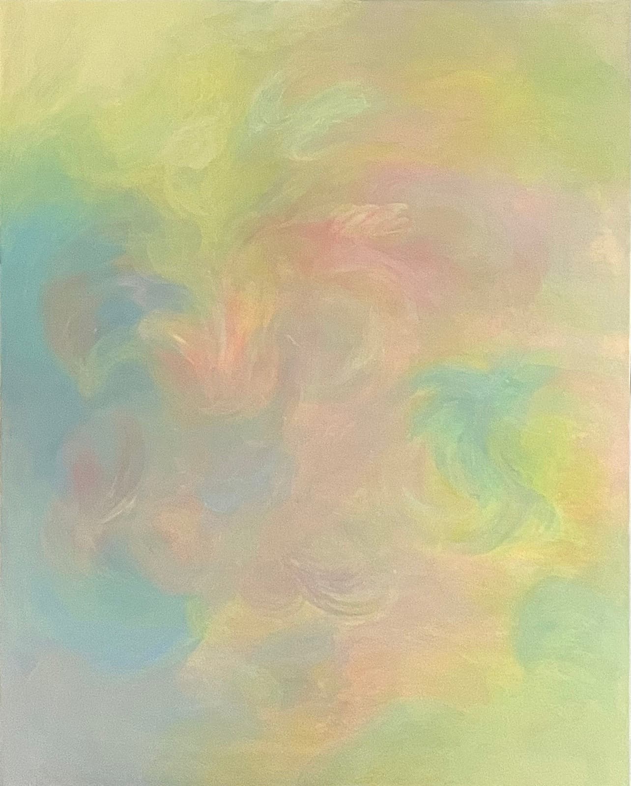 Soft pastel abstract floral still life in green, pink, and blue