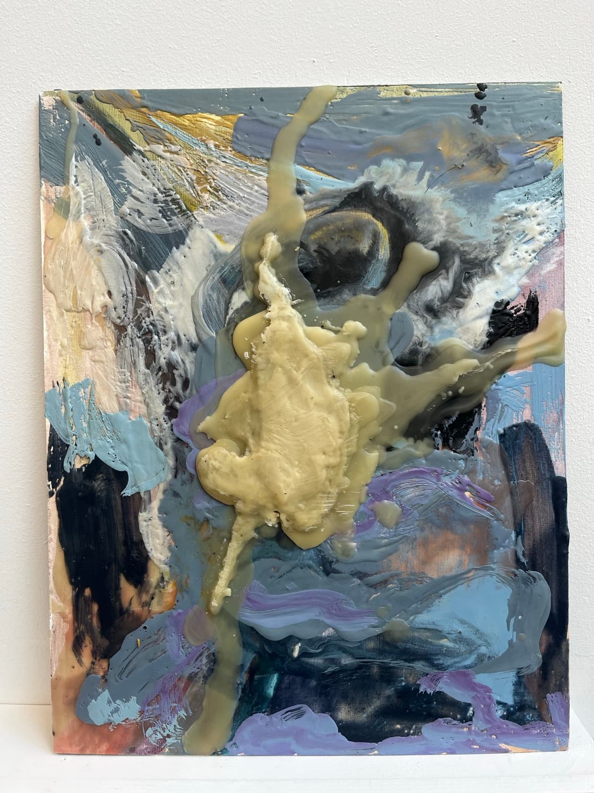 Abstract mixed-media painting with sculpted cream-colored paint over grey and violet layers