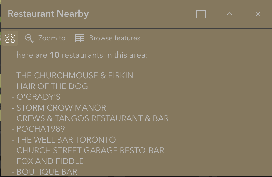 Cluster pop-up card — a list of the ten restaurants inside one cluster