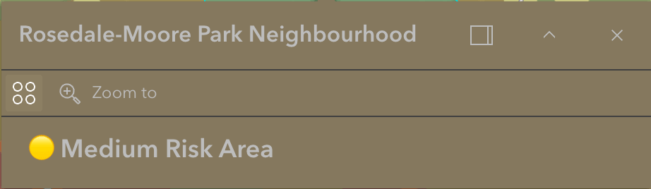 Neighbourhood pop-up card — Rosedale-Moore Park, labelled a medium risk area