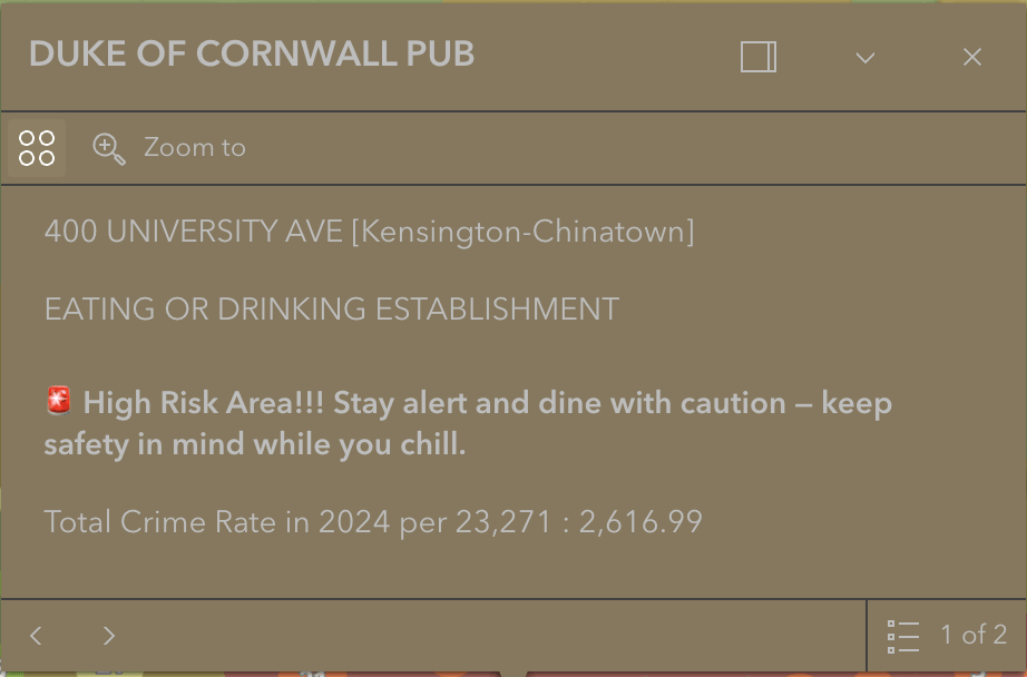 Restaurant pop-up card — Duke of Cornwall Pub, flagged as a high risk area with its 2024 total crime rate