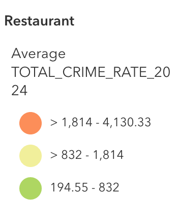 Map legend — three crime-rate bands coloured green, yellow, and orange