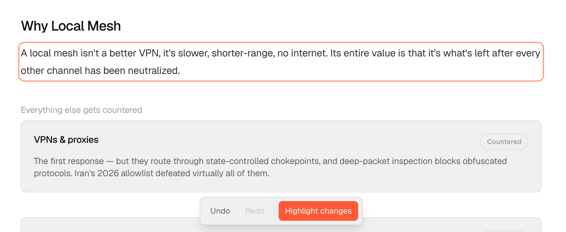 Highlight changes toggle marking an edited paragraph with an accent outline