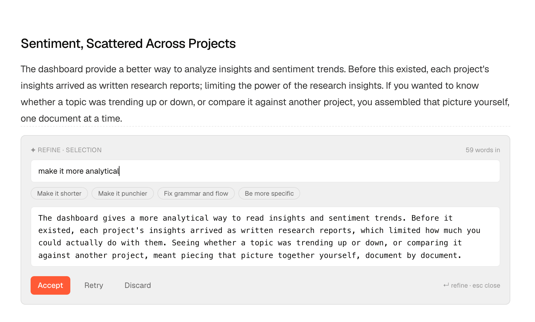The refine panel with an instruction typed in and the rewritten paragraph shown below it