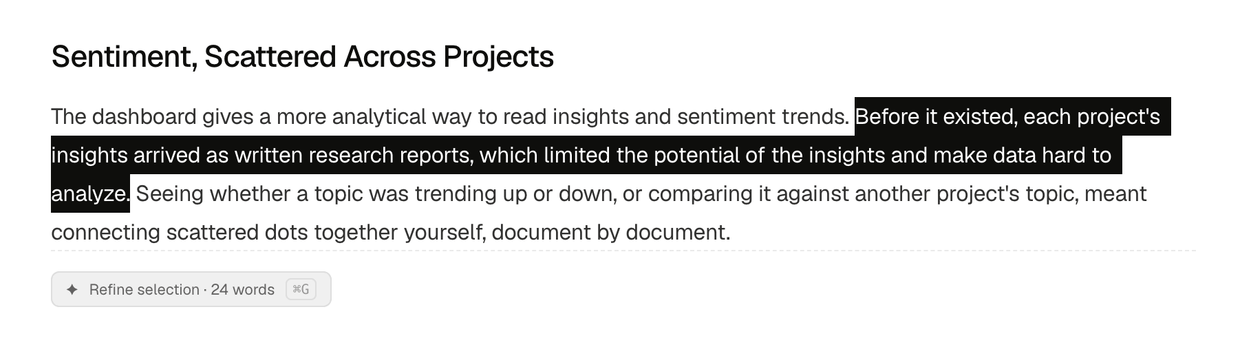 A highlighted sentence with a Refine selection pill showing a word count and the ⌘G shortcut