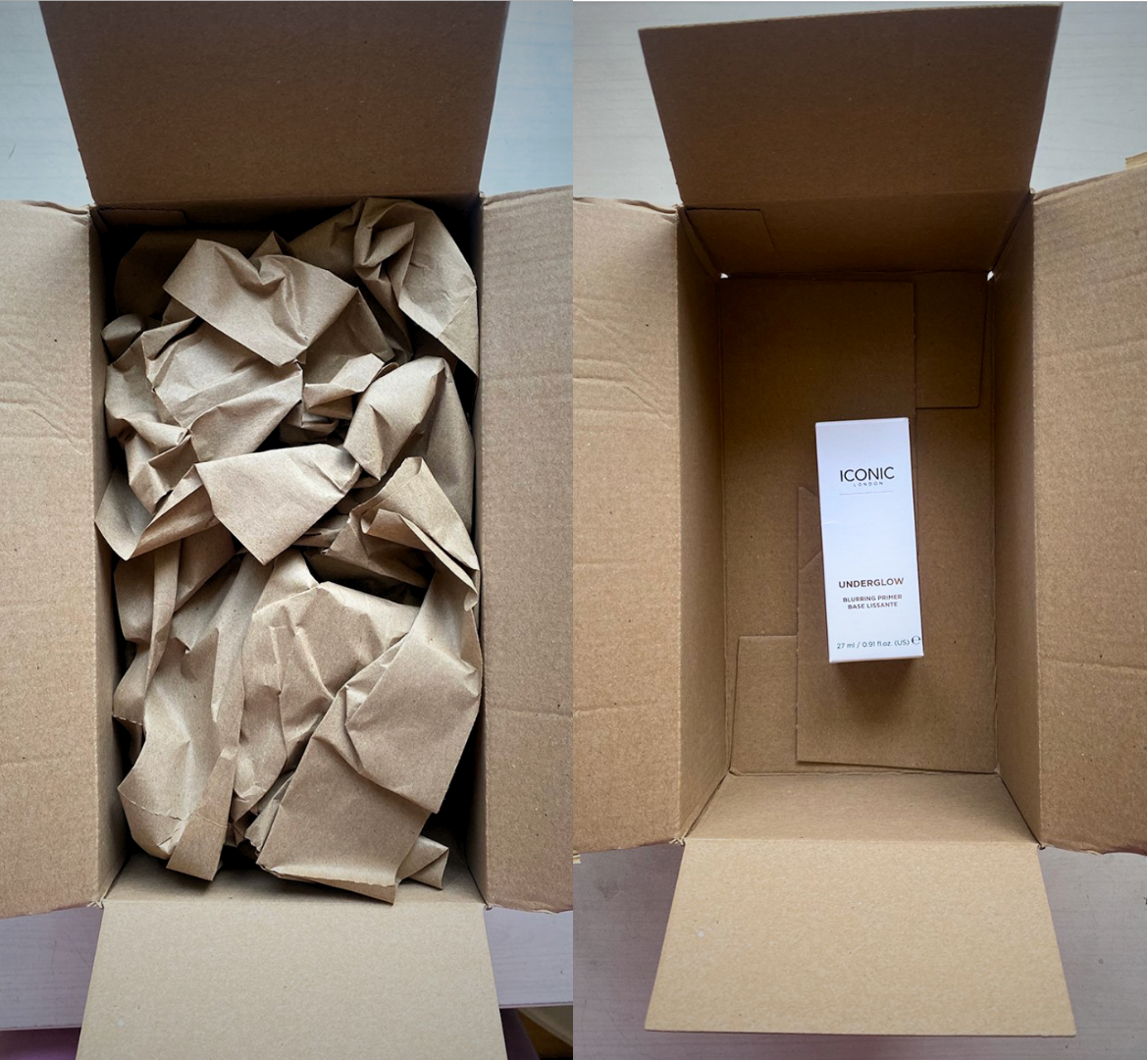 Cardboard Box with paper wraps and one product inside